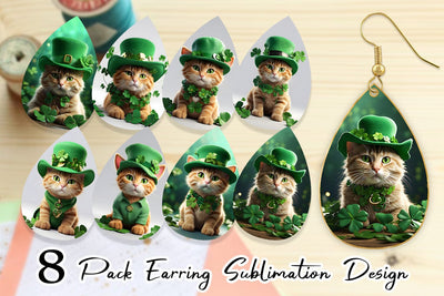Earring Teardrop Cat With Hat Patrick's Day Sublimation artnoy 