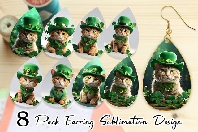 Earring Teardrop Cat With Hat Patrick's Day Sublimation artnoy 