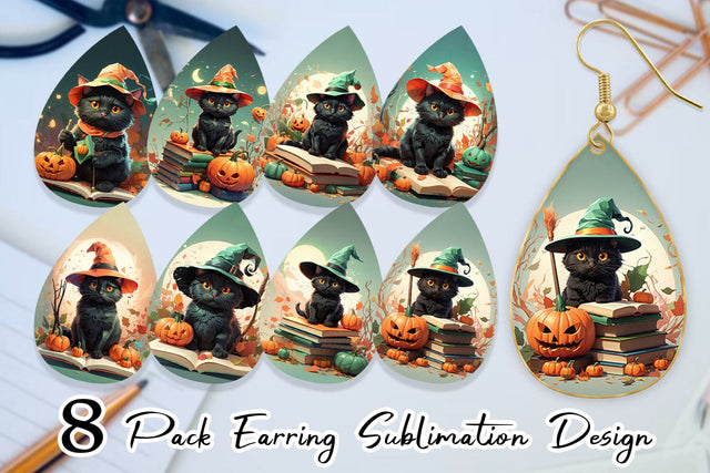 Earring Teardrop Cute Halloween Black Cat Sublimation artnoy 