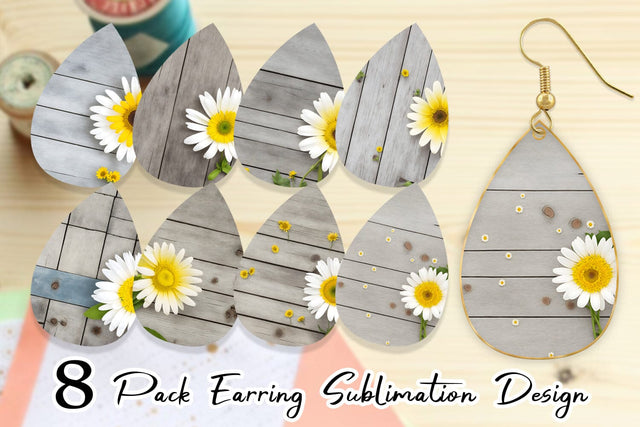 Earring Teardrop Daisy Flower and Wood Sublimation artnoy 