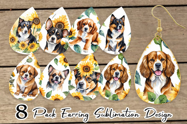 Earring Teardrop Dog With Sunflowers Sublimation artnoy 
