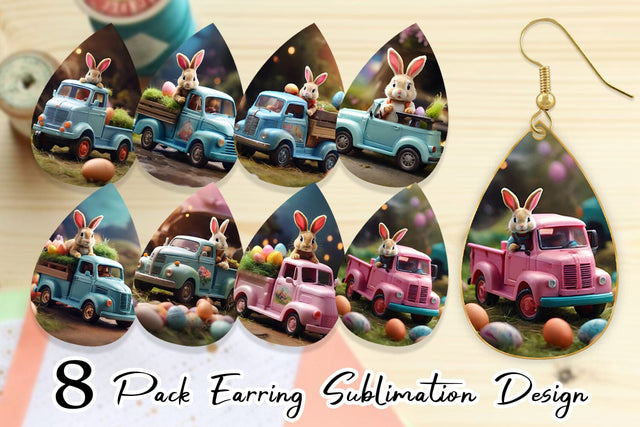 Earring Teardrop Easter Truck With Bunny Sublimation artnoy 