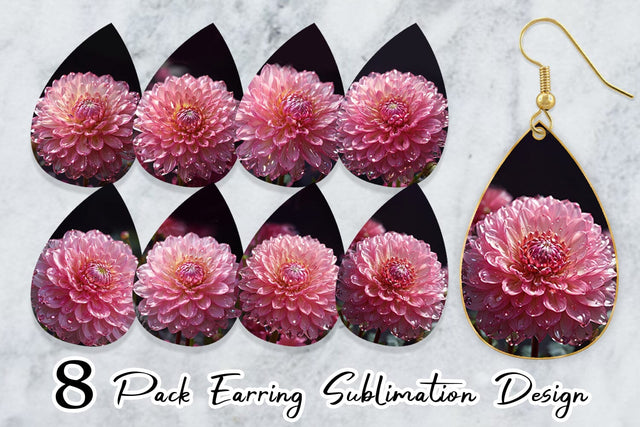 Earring Teardrop Flower Pink Dahlia Glitter Sublimation artnoy 
