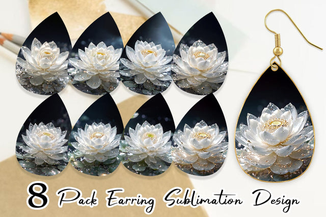 Earring Teardrop Flower White Lotus Glitter Sublimation artnoy 