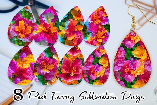 Earring Teardrop Hibiscus Flower Pattern Sublimation artnoy 