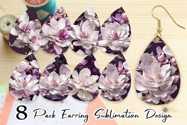 Earring Teardrop Magnolia Flower Pattern Sublimation artnoy 