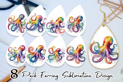 Earring Teardrop Octopus Watercolor Sublimation artnoy 