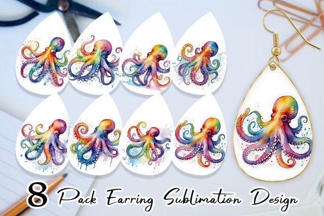 Earring Teardrop Octopus Watercolor Sublimation artnoy 