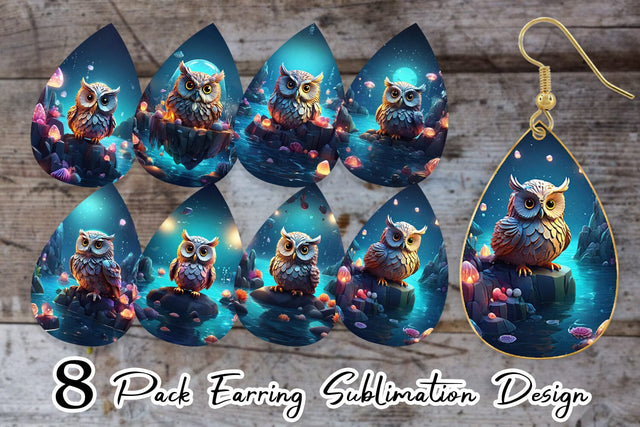Earring Teardrop Owl Perched on Rock Sublimation artnoy 