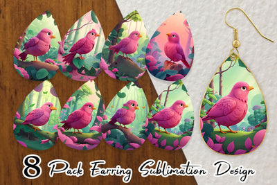 Earring Teardrop Pink Bird in the Forest Sublimation artnoy 