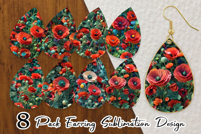 Earring Teardrop Poppy Flower Pattern Sublimation artnoy 