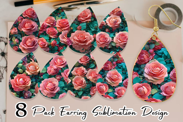 Earring Teardrop Rose Flower Pattern Sublimation artnoy 