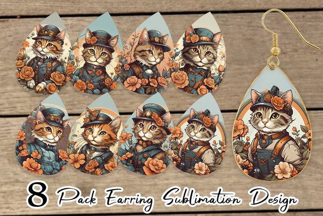 Earring Teardrop Steampunk Cat Sublimation artnoy 