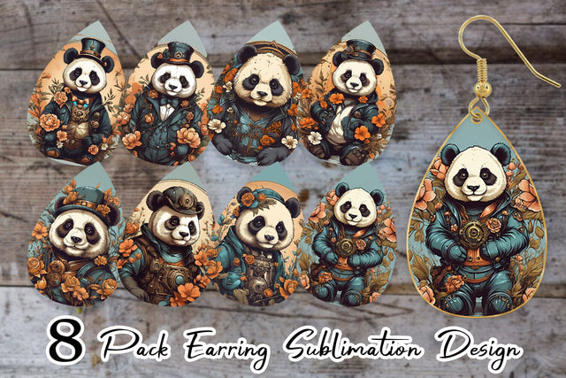 Earring Teardrop Steampunk Panda Sublimation artnoy 
