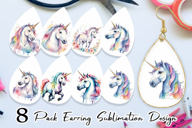 Earring Teardrop Unicorns Watercolor Sublimation artnoy 