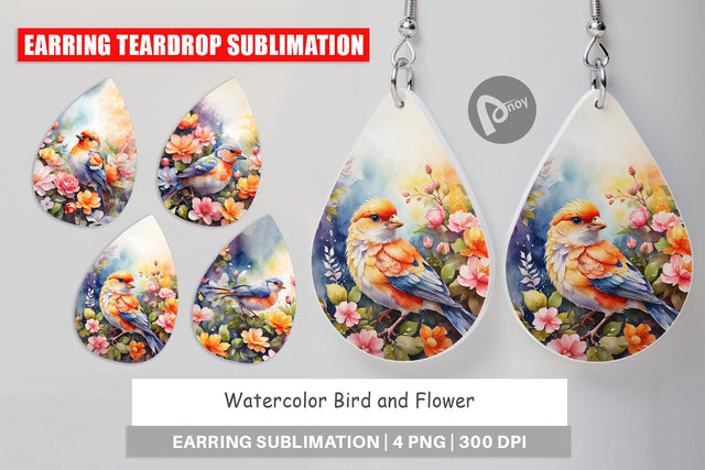 Earring Teardrop Watercolor Bird and Flower Sublimation artnoy 