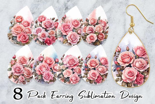 Earring Teardrop Watercolor Bouquet Pink Roses Sublimation artnoy 