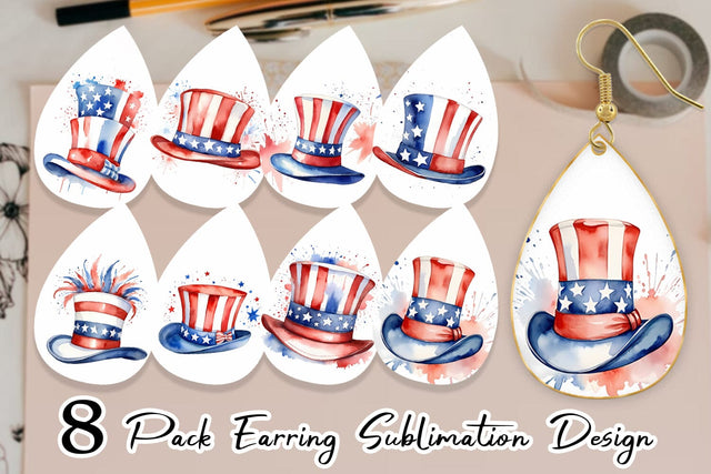 Earring Teardrop Watercolor Hat Patriotic Sublimation artnoy 