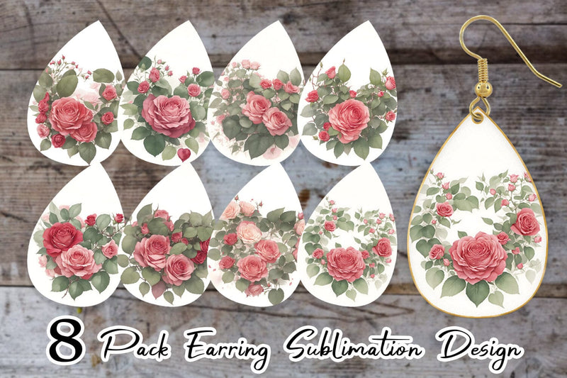 Earring Teardrop Watercolor Red Rose Sublimation artnoy 