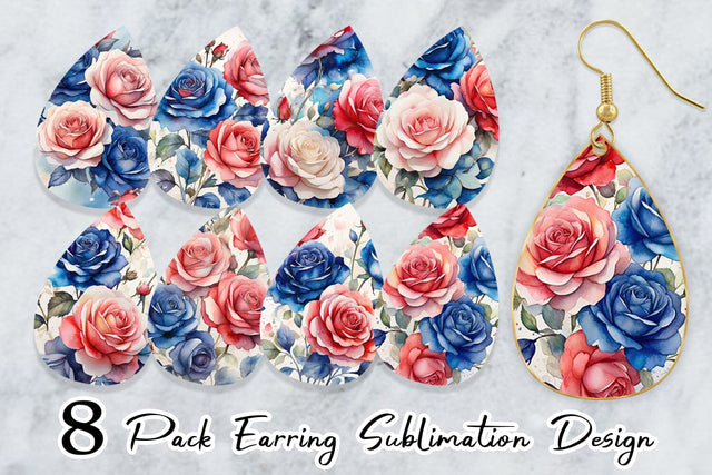 Earring Teardrop Watercolor Roses Patriotic Sublimation artnoy 