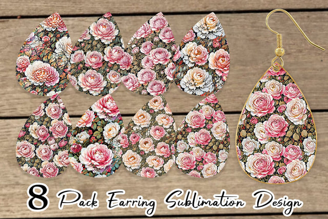 Earring Teardrop Watercolor Roses Pattern Sublimation artnoy 