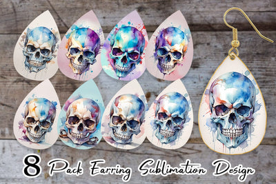 Earring Teardrop Watercolor Skull Sublimation artnoy 