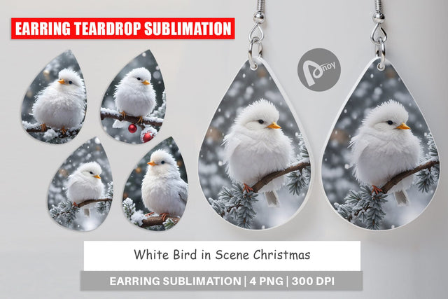 Earring Teardrop White Bird Christmas Sublimation artnoy 