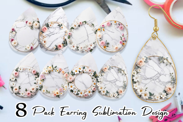 Earring Teardrop White Marble with Flower Sublimation artnoy 