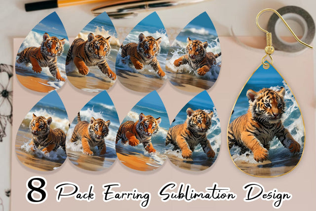 Earring Tiger Running on Beach Sublimation artnoy 