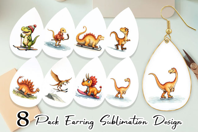 Earring UglyCute Dinosaur Winter Sports Watercolor Art Sublimation artnoy 