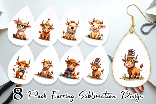 Earring UglyCute Highland Cow Watercolor Quirky Farm Friends Sublimation artnoy 