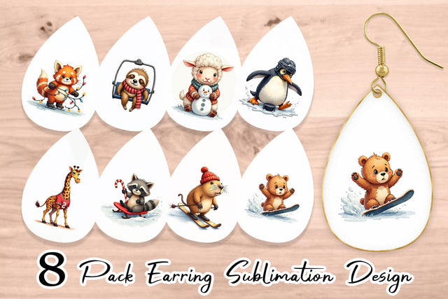 Earring UglyCute Winter Sports Animals Watercolor Sublimation artnoy 