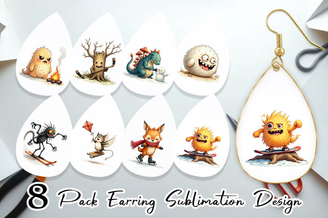 Earring UglyCute Woodland Monsters Winter Sports Sublimation artnoy 