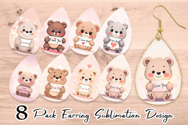 Earring Valentine Bear Cartoon Sublimation artnoy 