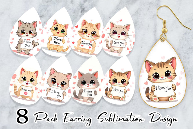 Earring Valentine Cat Cartoon Sublimation artnoy 