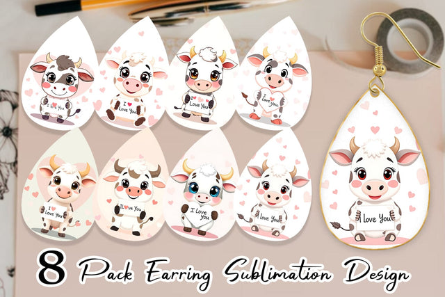 Earring Valentine Cow Cartoon Sublimation artnoy 