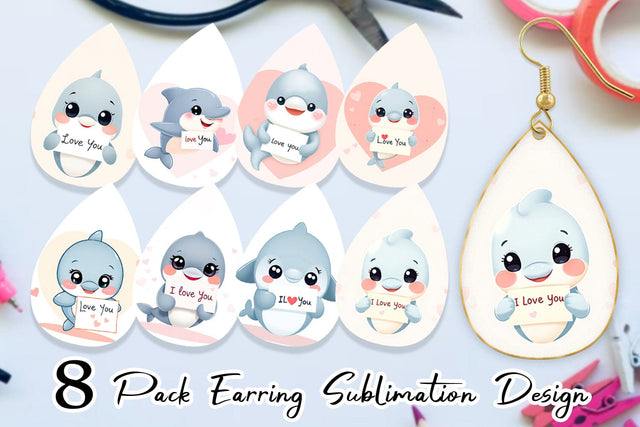 Earring Valentine Dolphin Cartoon Sublimation artnoy 