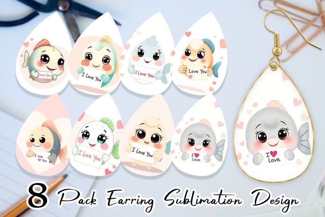 Earring Valentine Fish Cartoon Sublimation artnoy 