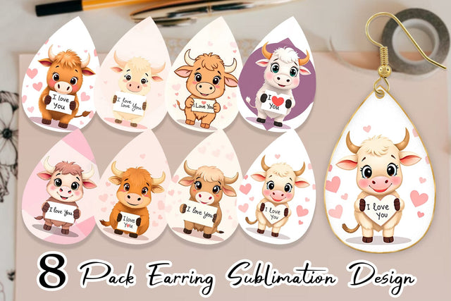 Earring Valentine Highland Cow Cartoon Sublimation artnoy 