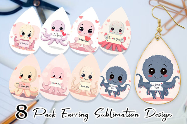 Earring Valentine Octopus Cartoon Sublimation artnoy 