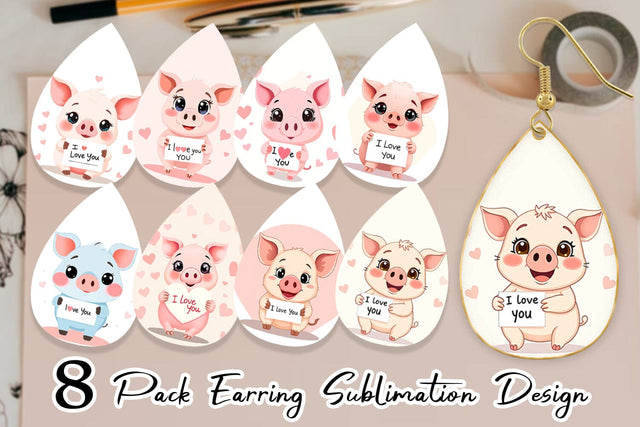 Earring Valentine Pig Cartoon Sublimation artnoy 