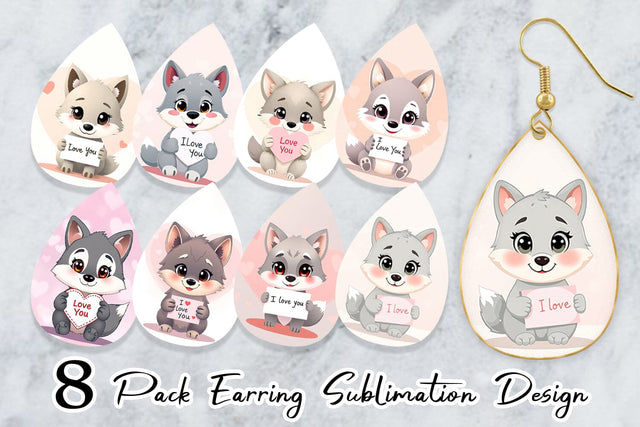 Earring Valentine Wolf Cartoon Sublimation artnoy 