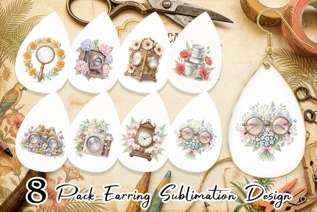 Earring Vintage Camera And Floral Watercolor Sublimation artnoy 