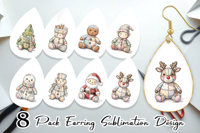 Earring Vintage Christmas Patchwork Watercolor Sublimation artnoy 