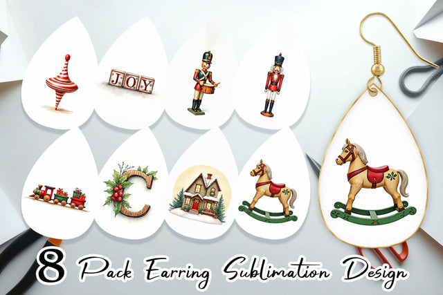 Earring Vintage Christmas Wooden Toys Watercolor Sublimation artnoy 