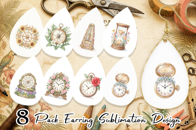 Earring Vintage Clock And Floral Watercolor Sublimation artnoy 