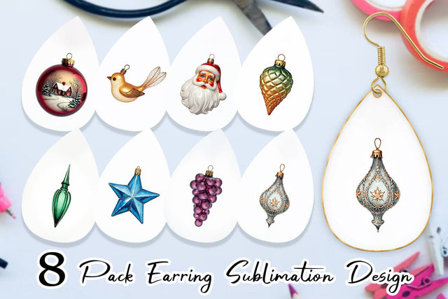 Earring Vintage Glass Christmas Ornaments Watercolor Sublimation artnoy 