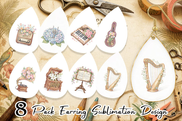 Earring Vintage Music And Floral Watercolor Sublimation artnoy 