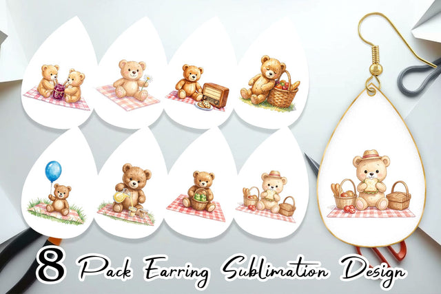 Earring Vintage Teddy Bear Picnic Watercolor Sublimation artnoy 