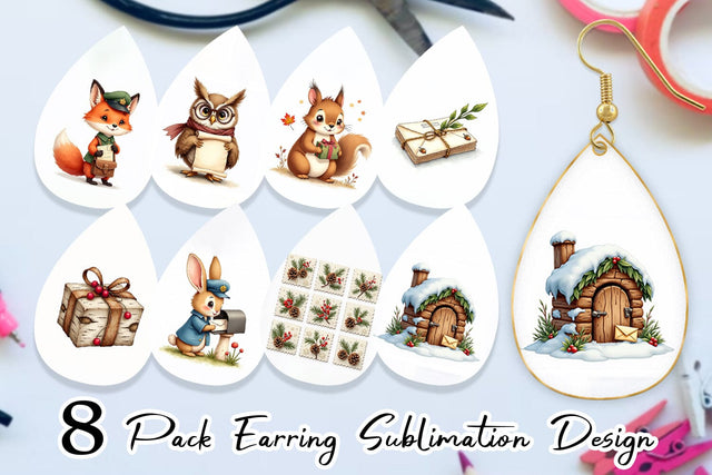 Earring Vintage Woodland Christmas Post Office Watercolor Sublimation artnoy 